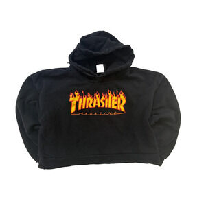 Thrasher Hoodie Mens Small Black Flame Logo Magazine Graphic Pullover Skate Boxy